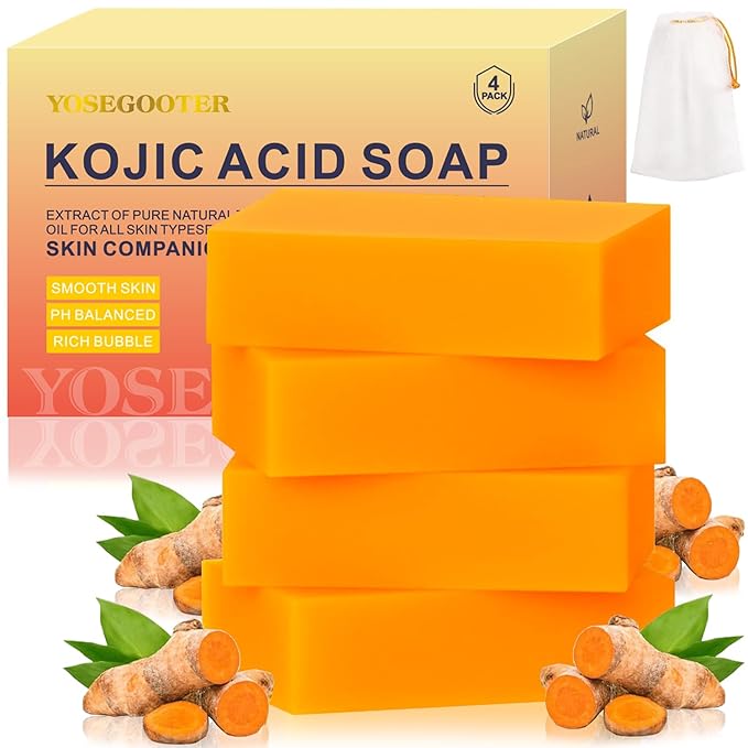 Turmeric Soap 4 Packs, Kojic Acid Soap, Dark Spot Remover for face and body with Vitamin C, Retinol, Collagen, Original Japanese Complex - Vitamin E, Shea Butter, Castile Olive Oil 4 Bars