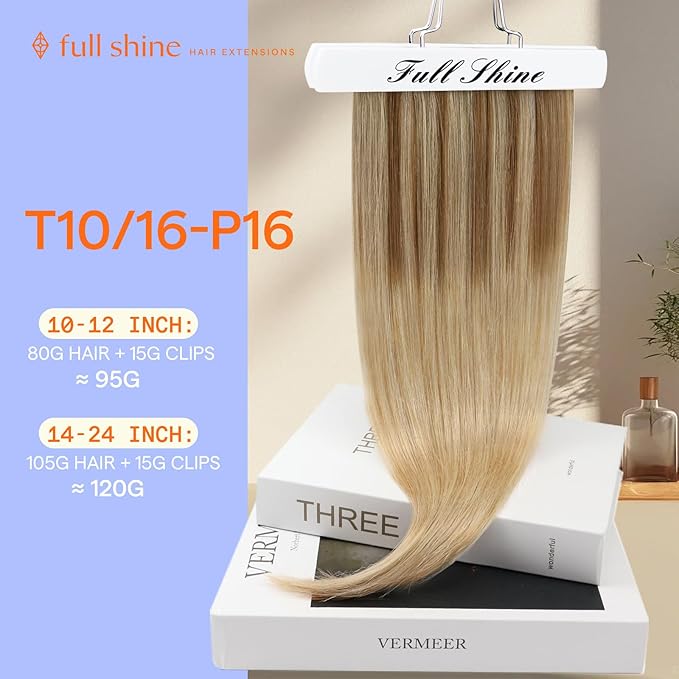 Full Shine Clip in Hair Extensions Balayage Hair Extensions Clip in Human Hair Color 10 Brown Mix to 16 Blonde Highlighted Double Weft Straight Hair Clip ins 7 Pcs 14 Inch 120 G