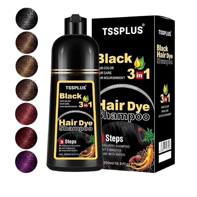 TSSPLUS Black Hair Dye Shampoo, 500ml - Organic Natural Hair Color Dye Shampoo for Women & Men, Instant Gray White Hair Cover, Plant Essence, Semi-Permanent