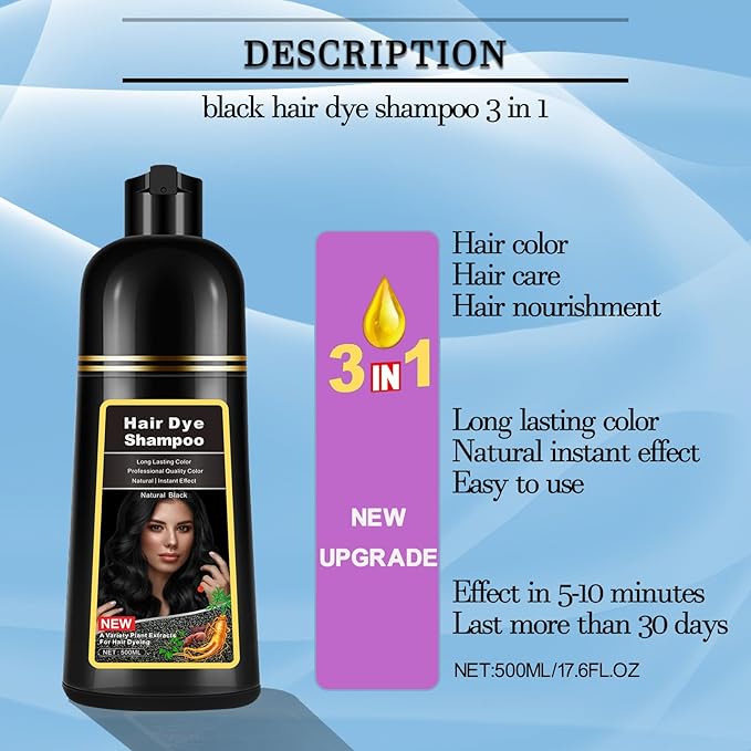 Black Hair Dye Shampoo Instant 3-in-1 for Gray Hair Coverage, Herbal Formula for Men & Women - Colors in 10-15 Minutes, Champu Para Canas 500ml
