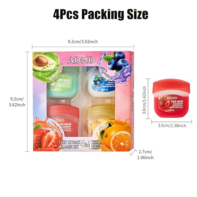 4Packs Admd Fruity Lip Balm Set,Fruit Flavored Lip Care Set,Mini Colorless Lipsticks,Moisturizing Masks, Long-lasting Nourishing Smooth Soft, Hydrated Lips Overnight (4Pcs)