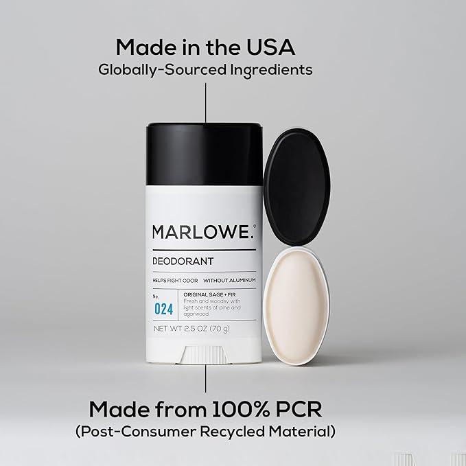MARLOWE. No. 024 Natural Deodorant for Men 3-Pack | Aluminum Free Stick | Made with Coconut Oil, Shea Butter, Jojoba | Only No-Nonsense Ingredients that Work Best | Sage & Fir Scent
