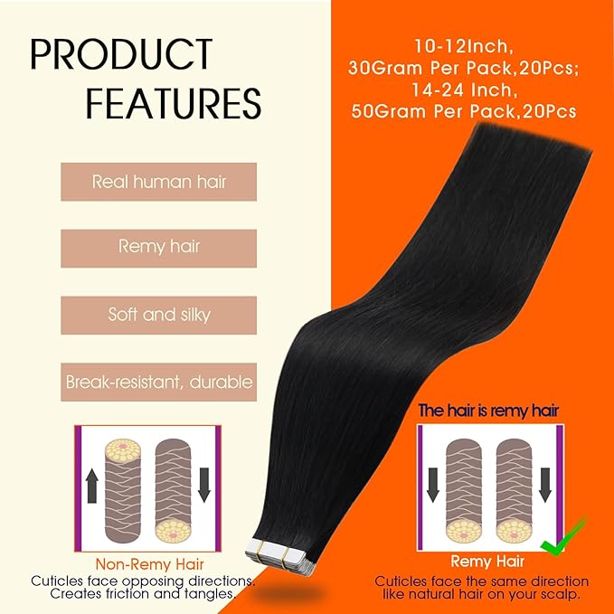 Full Shine Black Tape in Hair Extensions Human Hair Color 1B Off Black Tape in Extensions Remy Seamless Skin Weft 20Inch Brazilian Extension 100G 40Pcs for Bridal Hairstyles