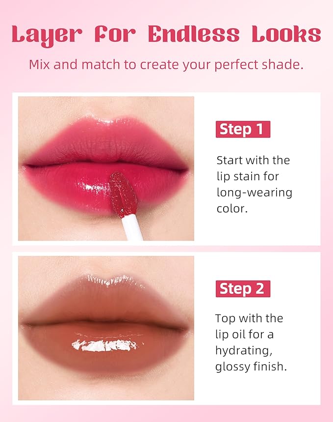 bayfree Tinted Lip Oil & Lip Stain Set, Korean Makeup, Smudge-Proof,Long-Wearing, 2-in-1 Cheek and Lip Tint with Moisturizing, High-Shine, Lightweight & Non-Sticky for Dry Lips, Cruelty-Free & Vegan