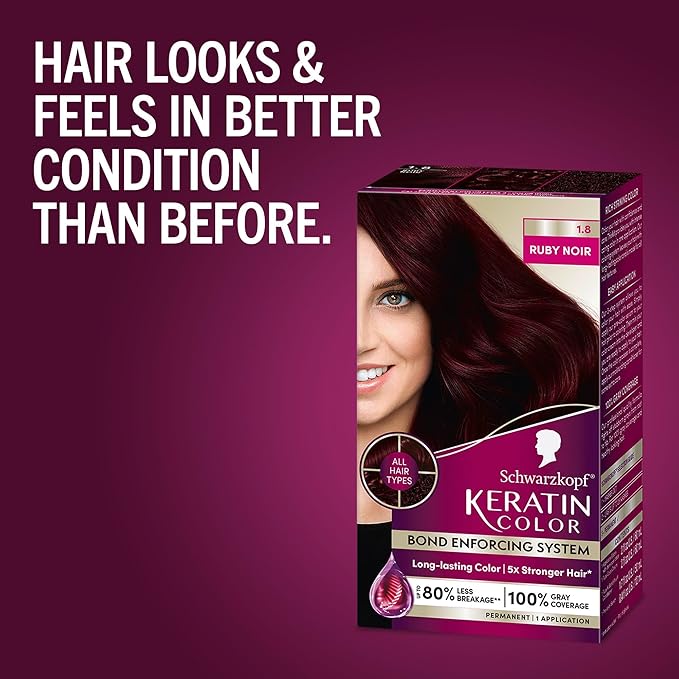Schwarzkopf Keratin Permanent Hair Dye Cream, 1.8 Ruby Noir, Professional Quality Color for Up to 100% Gray Coverage, Bond Enforcing System
