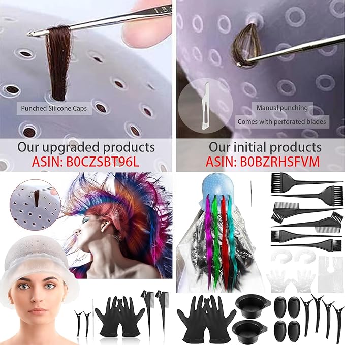 Silicone Highlight Caps for Color Hair 24 Pcs, Reusable Highlighting Caps with Hooks & Salon Hairdressing Dyeing Staining Tools Set for Women Men