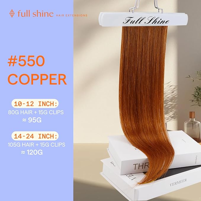 Full Shine Copper Real Hair Clip in Extensions Human Hair 14 Inch Clip in Real Hair Extensions Copper Invisible Hair Extensions for Dance 7 Pcs 120 G