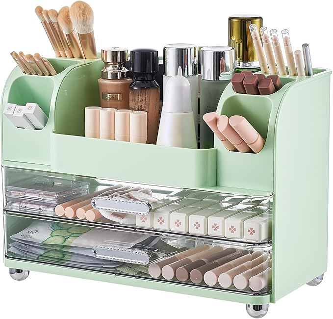 Makeup Organizer for Vanity with 2 Large Drawers, Cosmetic Display Case with Brush Holders, Easy to Storage for Bathroom Countertop Skincare, Desk Office Supplies, Green