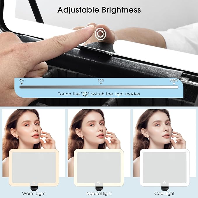 Leather Makeup Case with LED Lighted Mirror 11.4 Inch Travel Makeup Bag Adjustable Brightness in 3 Colors Cosmetic Organizer Artist Storage Bag with Dividers Brush Holder Bag Vanity Shiny Blue
