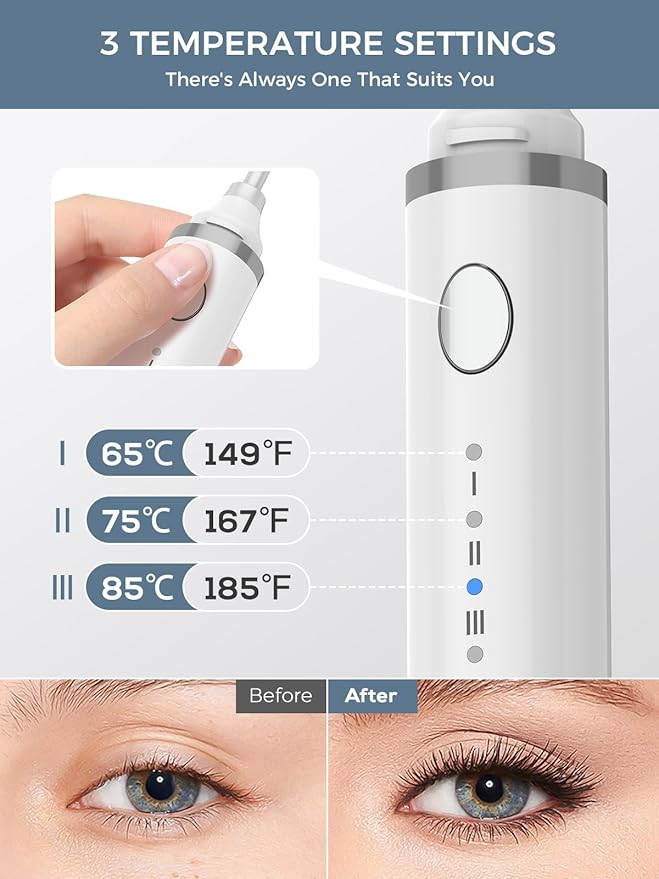 Smiling Shark Heated Eyelash Curler, 360°Wand-Style Heated Lash Brush Rechargeable with 3 Brush Heads & 3 Temp & 5s Fast Heating【Lengthen/Define/Curler】 3-in-1 Lash Curler for All Types of Lashes