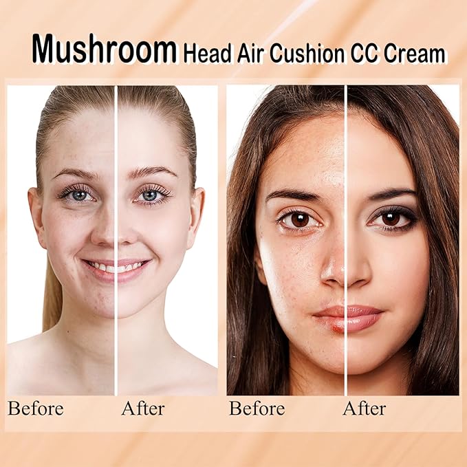 2 PCS Mushroom Head Air Cushion CC Cream Nature Foundation,Foundation Brush Powder Brush,Moisturizing Concealer, Bright Makeup Base Long Lasting with Mushroom Makeup Sponge(#02 Natural)