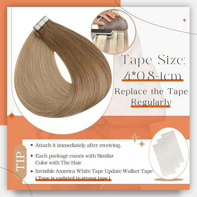 Full Shine Tape ins Invisible Tape in Hair Extensions Human Hair 18Inch Remy Glue in Hair Extensions Ombre Balayage Color 10/14 Golden Brown to Dark Blonde Seamless Skin Weft Hair Extension 20Pcs 50G
