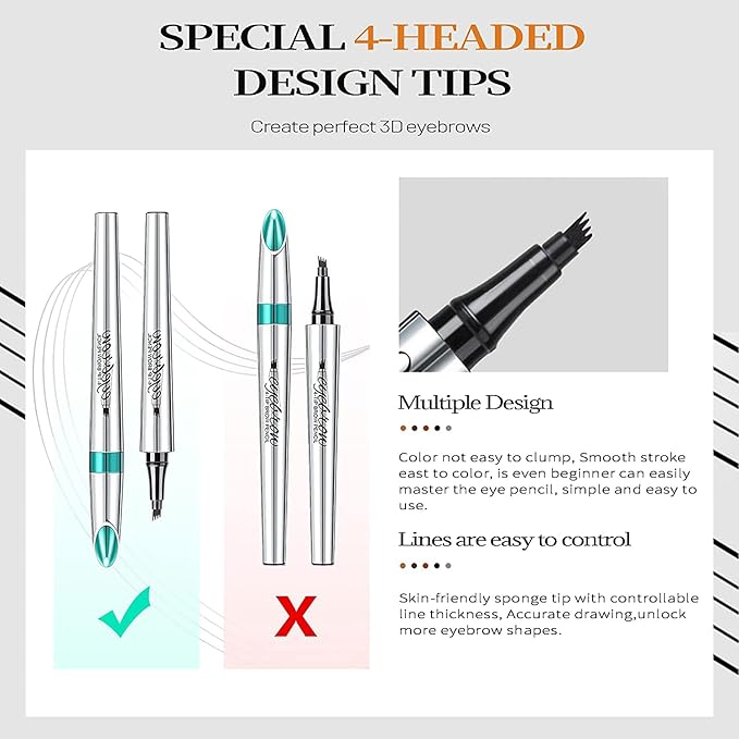 Microblading Eyebrow Pen - 4 Point Brow Lift & Snatch - Long-Lasting Waterproof Natural Eyebrow Pencil - Dark Brown