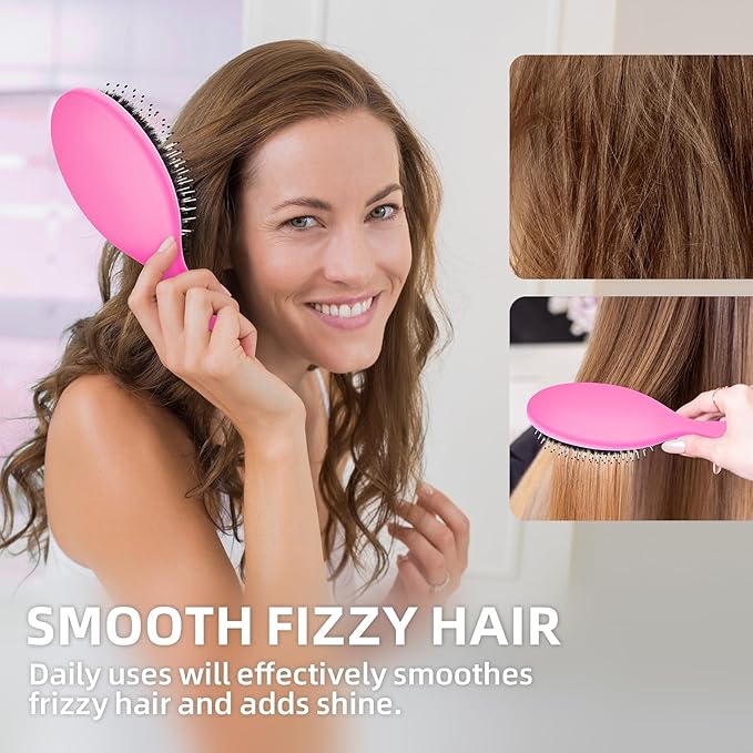 Boar Bristles Hair Brush for Women and Men, Detangling Hair Brush for Smoothing Massage Add Shine, Nylon&Boar Bristles Detangler brush for Hair Healthy (HotPink)