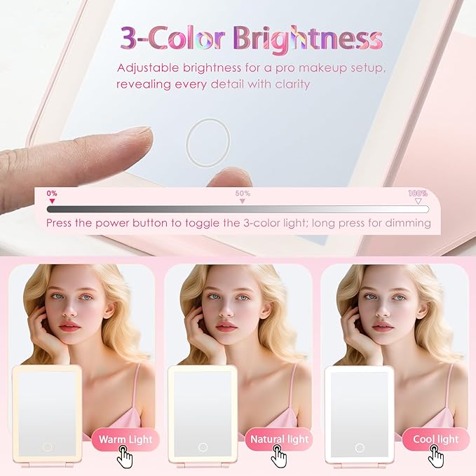 Makeup Case with Lighted Mirror Travel Makeup Organizer Box 2 Trays Lockable Cosmetic Train Case with Movable LED Mirror for Girls Make Up Nail Kits Sewing Vanity Storage Case Shiny Pink