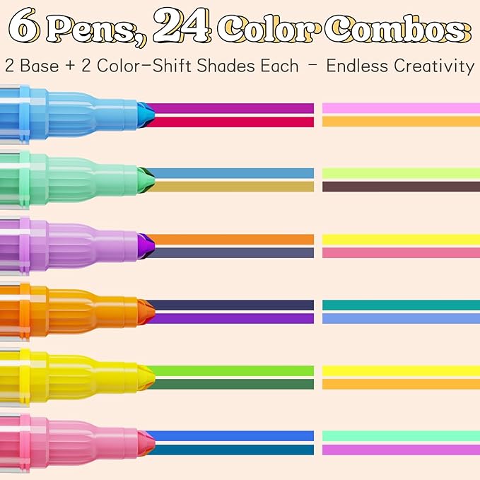 Triple-Tip Highlighters Assorted Colors, 6-Pack No-Bleed Highlighters with 2 Highlight Tips & 1 Color-Shift Tip, 24 Multi Colors for Journaling, Note Taking, Drawing & Planning