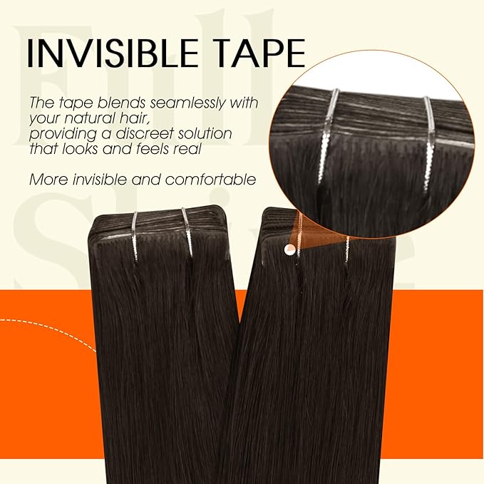 Full Shine Intact Tape in Extensions Human Hair Injected Human Hair Extensions Tape in Color 2 Dark Brown Remy Seamless Skin Weft Long Silky Straight Extension 18Inch 50Gram 20Pcs Brazilian