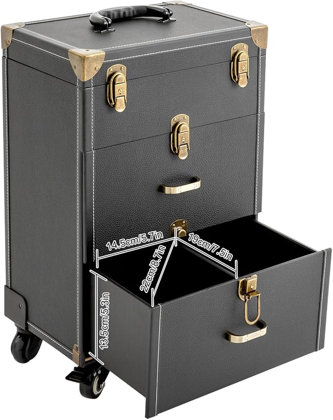 Makeup Train Case, Rolling Makeup Trolley Case, 3 Tiers Lockable Nail Polish Organizer with 2 Keys 4 Wheels (2 with Brakes) for Travel Makeup Artists Nail Technicians (Black Case, Tan Lock)