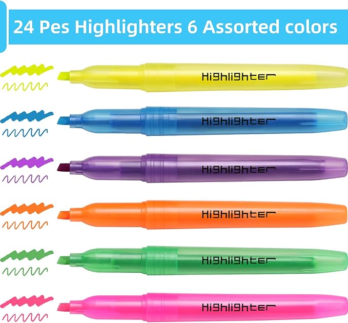 Highlighters, Chisel Tip, Highlighters Assorted Colors, Bible Highlighter No-Bleed, Quick-Drying Ink Highlighter for School, Teacher Students, Office, Classroom Must Have, 24 Pack