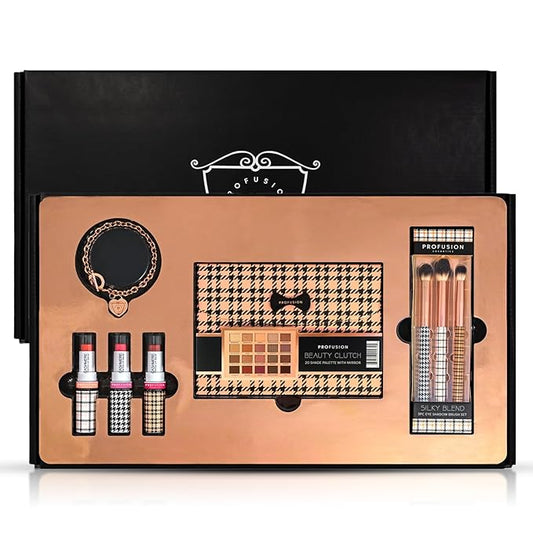 Profusion Cosmetics Beverly Hills PR Box – 20 Shade Beauty Clutch Palette with Mirror, 3 Pc Eyeshadow Brushes & Lip Balm Trio for Luxe, Pigmented Makeup to Enhance Your Beauty Routine