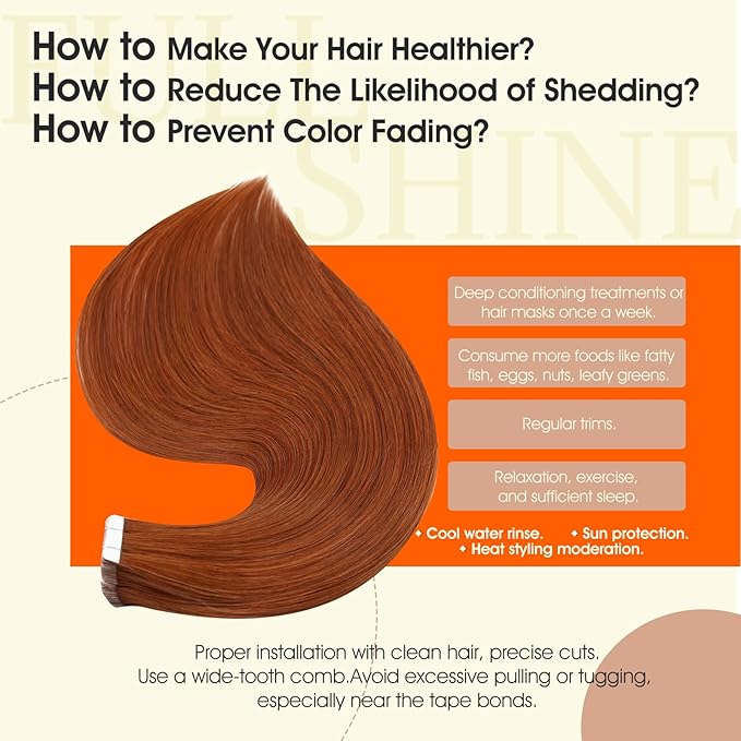 Full Shine Hair Extensions Real Human Hair Color 550 Copper Remy Tape in Hair Extensions Human Hair 16Inch Seamless Invisible Skin Weft 50Gram 20Pcs Silky Straight Extension