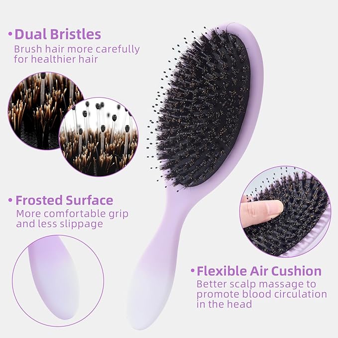 Boar Bristles Hair Brush for Women and Men, Detangling Hair Brush for Smoothing Massage Add Shine, Nylon&Boar Bristles Detangler brush for Hair Healthy (Purple&White)