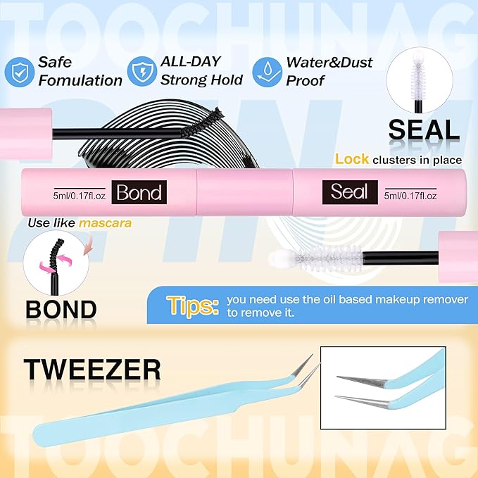 TOOCHUNAG Wispy Lash Clusters Eyelash Extensions Kit 10-18mm D Curly Eyelash Clusters Kit DIY Lash Extension Kit with Waterproof Individual Cluster Lashes, Lash Bond and Seal, Tweezers