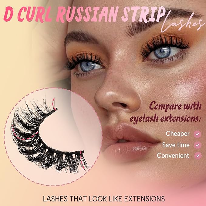 Ahrikiss Russian Strip Lashes That Look Like Extensions D Curl Fluffy False Eyelashes 10 Pairs Wispy Natural Fake Lashes Pack Fluffy 3D Volume Fake Lashes (D04)