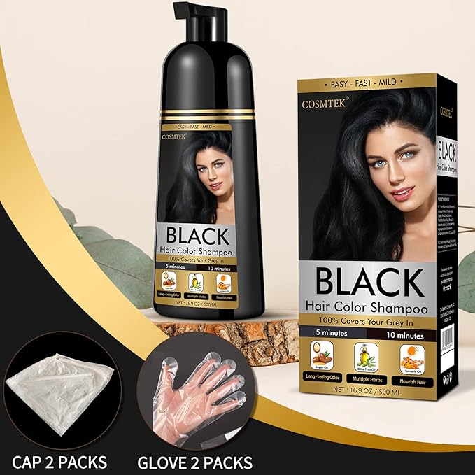 Black Dye Shampoo for Permanent Hair Color - Men&Women, Gray Coverage, Beard & Treated Hair, 3-In-1, 30 Days/500ml/Ammonia-Free/Natural Herbal
