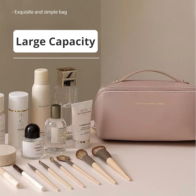 Large Capacity Makeup Bag Portable Travel Cosmetic Bag Opens Flat for Women Girls Makeup Pouch Portable Zipper Bag (Rose Pink)