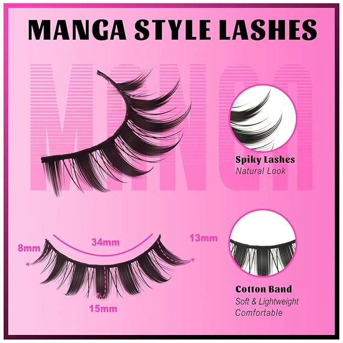 Veleasha Lashes Manga Eyelashes Spiky Eye Lashes Anime Lash 8D Doll Lash Natural Look Soft Wispy Fake Eyelashes 7 Pairs with Cotton Band (Cutes)