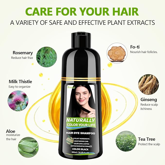 Black Hair Dye Shampoo for Women & Men, 3 in 1 Semi-Permanent Color with Gray Coverage & Herbal Natural Formula