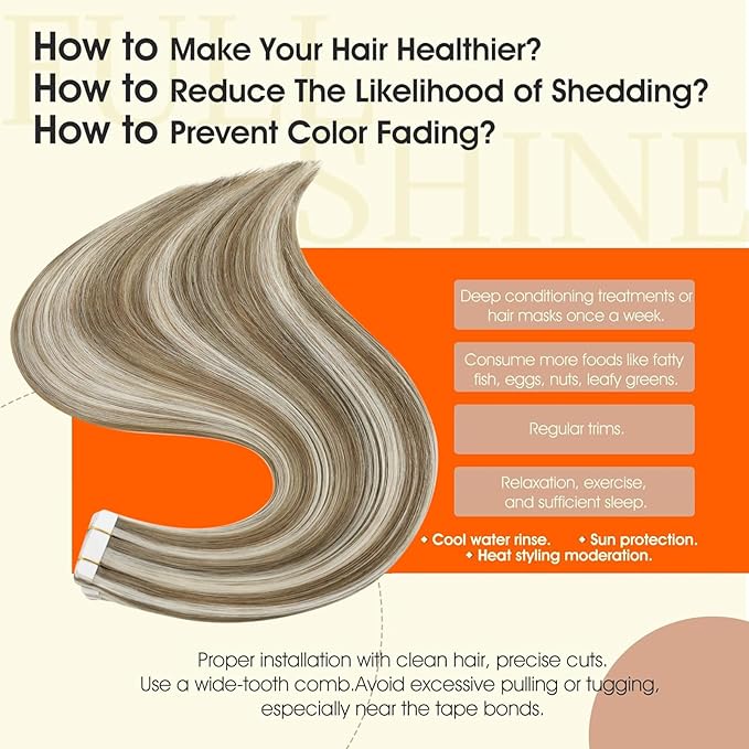 Full Shine Tape in Hair Extensions Invisible Skin Weft Straight Hair Remy Human Hair Extensions Tape ins 50Gram 18 Inch 8 Ash Brown Highlighted 60 White Blonde Seamless Hair Extensions Real Human Hair