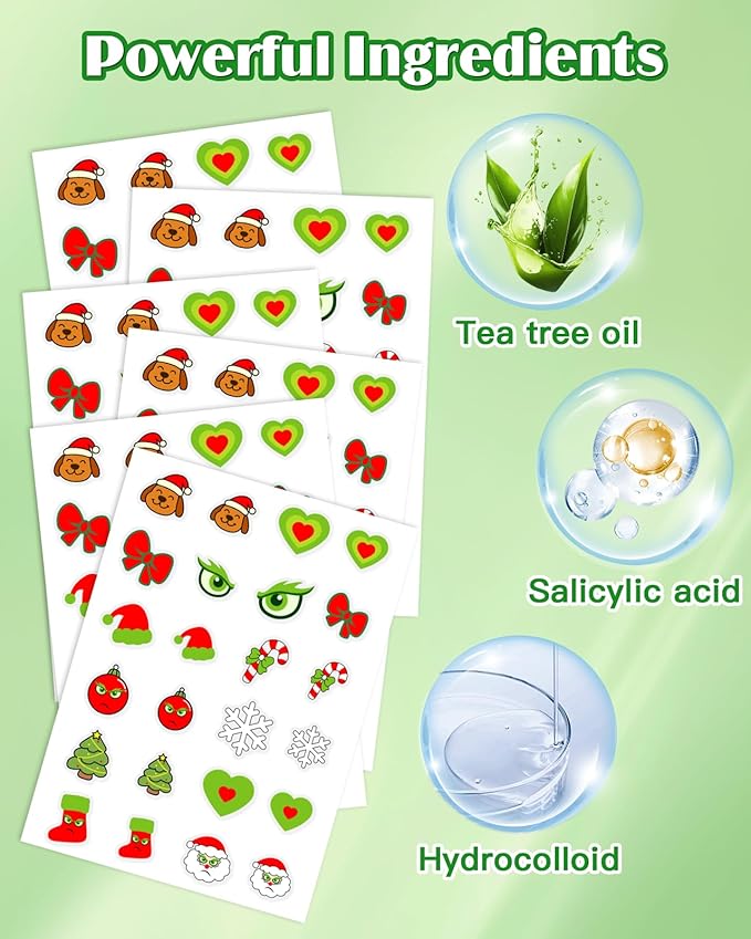 Christmas Cute Hydrocolloid Pimple Patches - Fun Acne Patches for Zits and Blemishes, Pimple Stickers for Face and Skin, Tea Tree Oil & Salicylic Acid, 144 Count