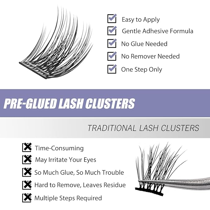 Self Adhesive Eyelashes, 156 PCS Self-Adhesive Lash Clusters – No Glue Needed, Dual-Row Sticky Strips, DIY Individual Lash Extensions, Soft Fluffy False Eyelashes (Fluffy-Mixed)