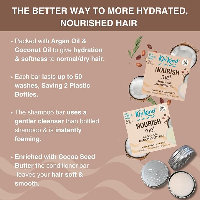 KinKind NOURISH me Travel Shampoo and Conditioner Bars. Up to 50 washes. This travel and gift set contains a soap tin for each bar. No leakage, less space, less weight.
