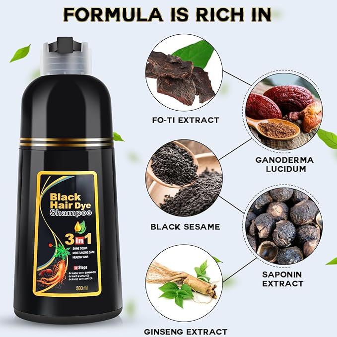 MEIDU Black Hair Dye Shampoo 3 in 1, Shampoo for Color Treated Hair 100% Gray Coverage for Women Men, Natural Herbal Ingredients Champu Para Canas pintar el pelo 500ml