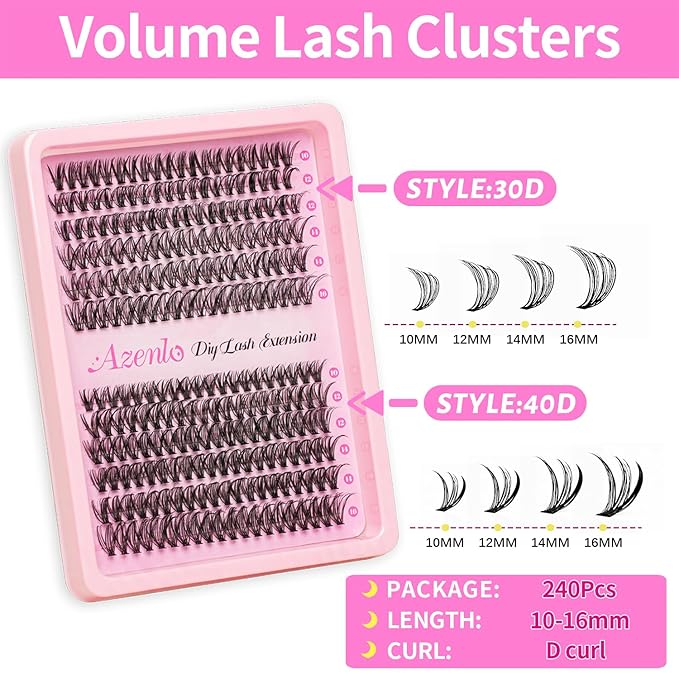 Lash Extensions Cluster DIY Lashes 240pcs 30D 40D 10-16mm Eyelash Clusters Individual Lashes Lash Kit Think Band Lash Kit(30D+40D Kit)