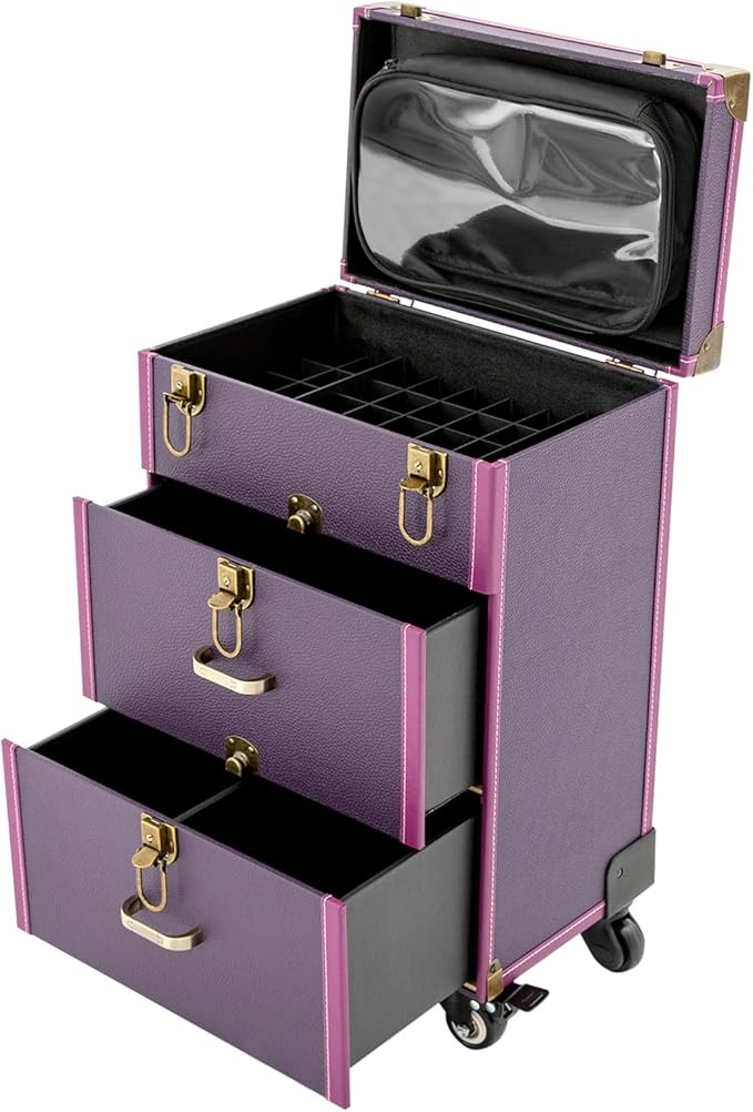 Makeup Train Case, Rolling Makeup Trolley Case, 3 Tiers Lockable Nail Polish Organizer with 2 Keys 4 Wheels (2 with Brakes) for Travel Makeup Artists Nail Technicians (Purple Case, Tan Lock)