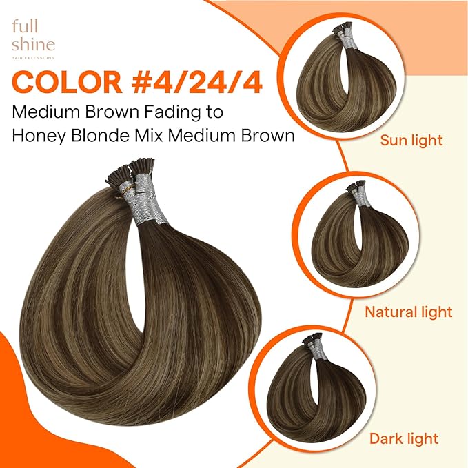 Full Shine I Tip Hair Extensions Human Hair 16 Inch 40 Grams Color 4/24/4 Middle Brown Ombre to Honey Blonde Fusion Hair Extensions Straight Remy Hair for Women