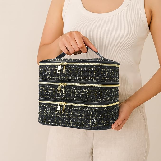 Travel Makeup Bag for Women Three Layer Large Cosmetic Case Water-resistant Toiletry Bag Organizer for Store Toiletries Cosmetic Accessories and Manicure Sets Gold Black