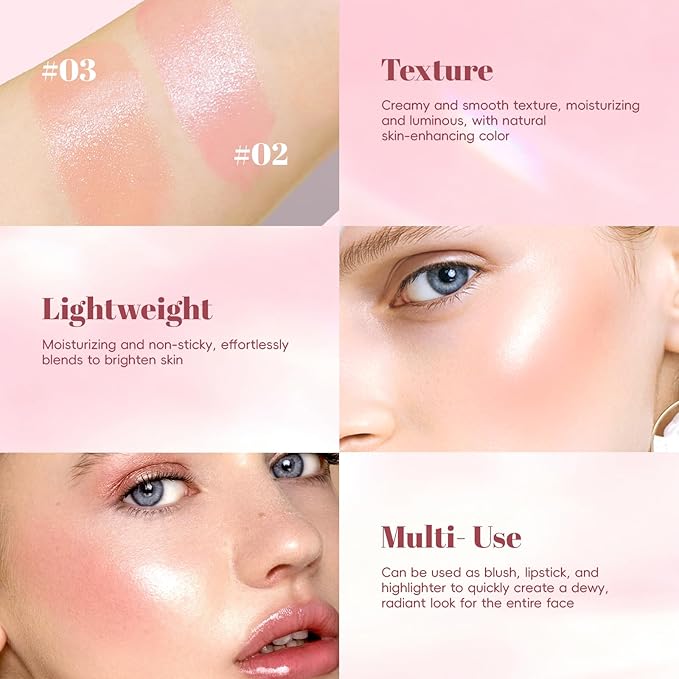 Gloss Glow Blush Palette for Cheeks and Lips, Natural Shimmer Dewy Glow Face Highlighter Nude Cream Blush Gloss Skin, Lightweight Blendable Multiuse Face Lip Makeup Palette 02Pink