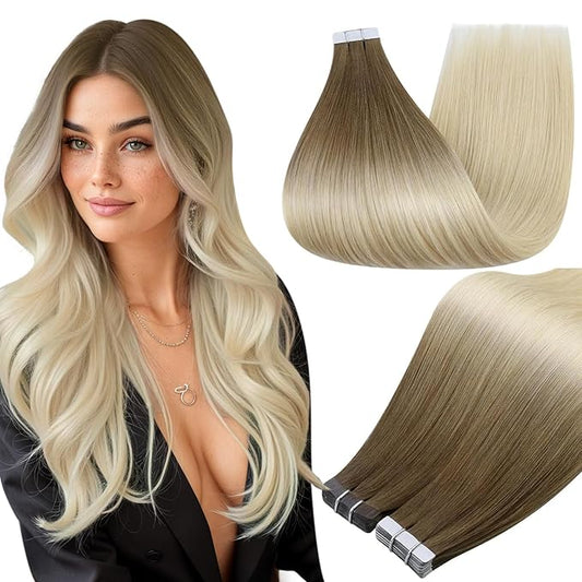 Full Shine Blonde Balayage Tape in Hair Extensions Real Human Hair Seamless Tape in Extensions Brown To Blonde 3/8/613 Double Sided 14Inch Invisible Seamless Skin Weft 50G 20Pcs Remy Natural Straight