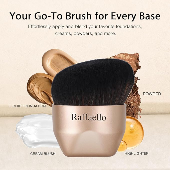 Raffaello Angled kabuki Foundation Brush: Fast, Flawless Foundation - Dense Soft Bristles for Streak-Free Liquid, Cream & Powder - Ergonomic Handle for Effortless Blending & Buffing (Champagne Gold)