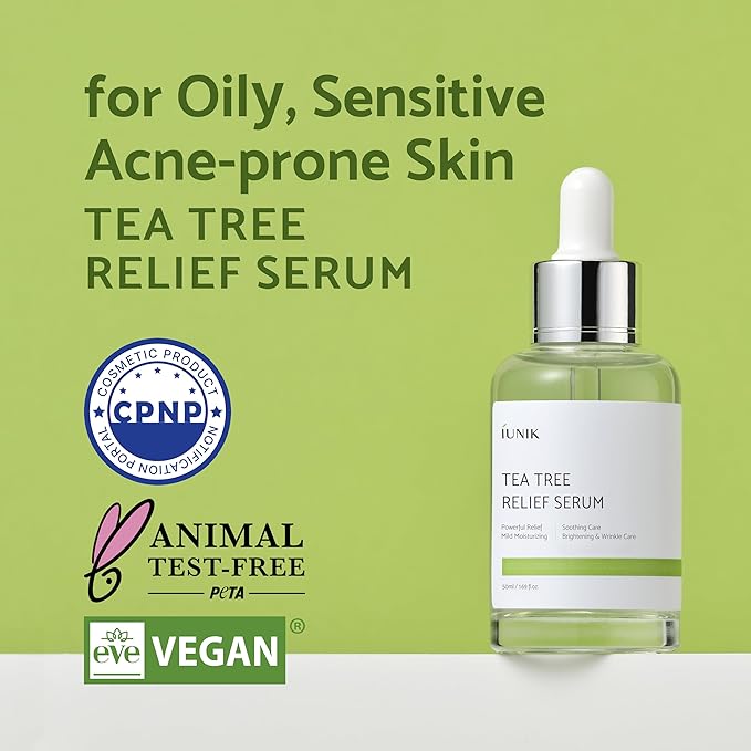 IUNIK Tea Tree Relief Vegan Serum for Acne-Prone Skin – Non-Sticky & Lightweight Facial Ampoule with Centella Asiatica for Soothing, Calming, and Balancing – Korean Skincare