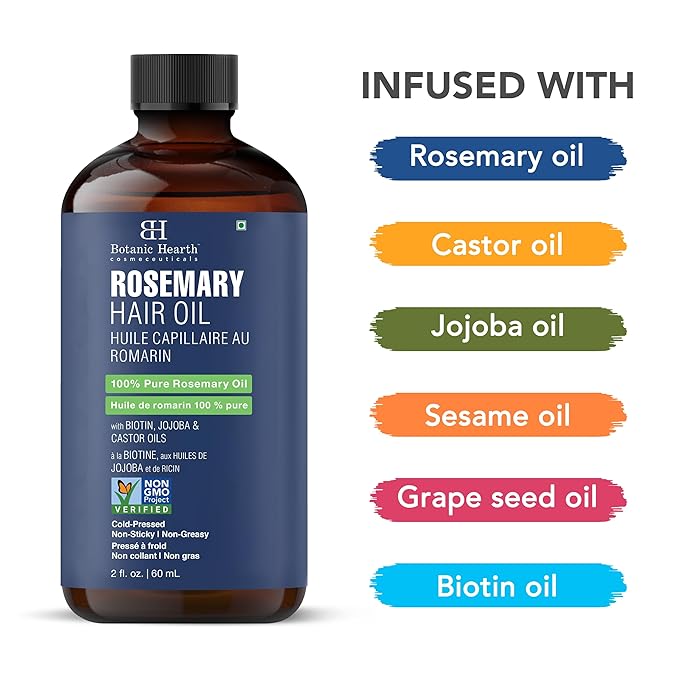 Botanic Hearth 100% Pure Rosemary Oil For Hair Growth | Infused with Biotin, Jojoba & Castor Oil | Hair Oil Repairs Dry Damaged Hair, Strengthening, Healthier - Hair Tonic, 2 fl oz