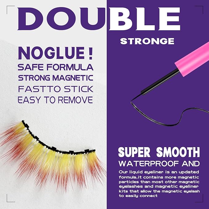 Magnetic Eyelashes Colored Eyelashes for Halloween Party Cosplay Makeup Kit,Yellow mix Red Look,10 Pairs Wispy Color Magnetic Lashes with Eyeliner,18-23MM Fake Eyelash Cruelty-Free & Vegan