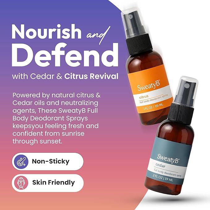 SweatyB® deodorant spray - Odor Protection with whole body deodorant for women & men - Travel Size, Skin-Safe, Vegan & Made in USA - Citrus & Cedar spray - 2 Oz - Pack of 2