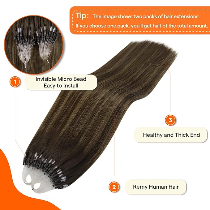 Full Shine Micro Link Hair Extensions Human Hair 18 Inch 50 Grams Dark Brown Fading to Ash Brown and Dark Brown Micro Loop Hair Extensions Real Human Hair add Volume