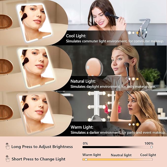 Travel Makeup Bag with LED Mirror Travel Makeup Organizer with 3 Lighted Settings, Adjustable Dividers and Makeup Brush Storage Bag White
